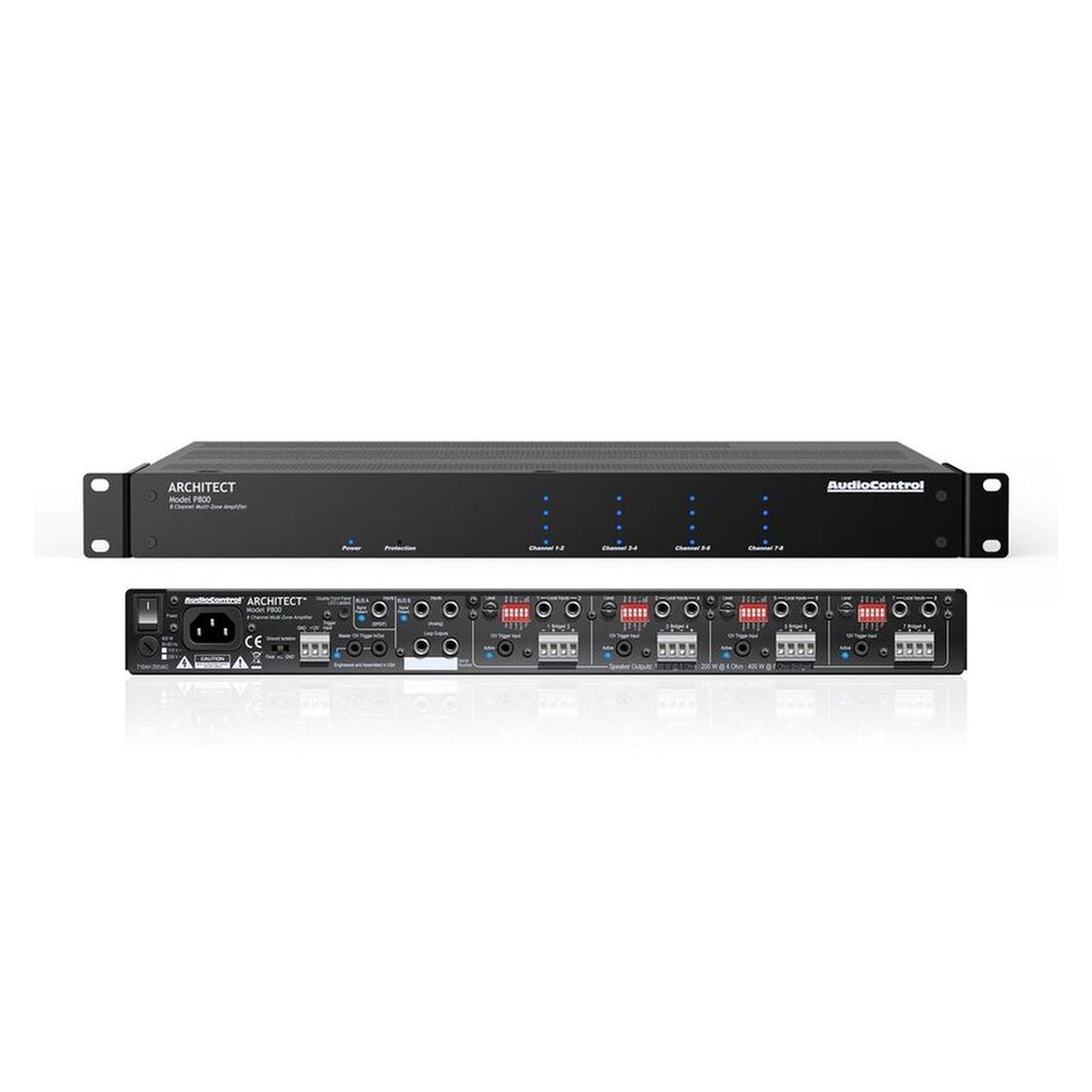 AudioControl Architect P800 8-Kanal-Endstufe – Front und Rückseite