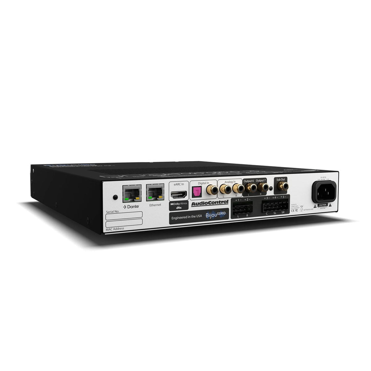 AudioControl Bijou 5100D 5-Kanal-Verstärker mit eARC und Dante – Rückseite mit Anschlüssen