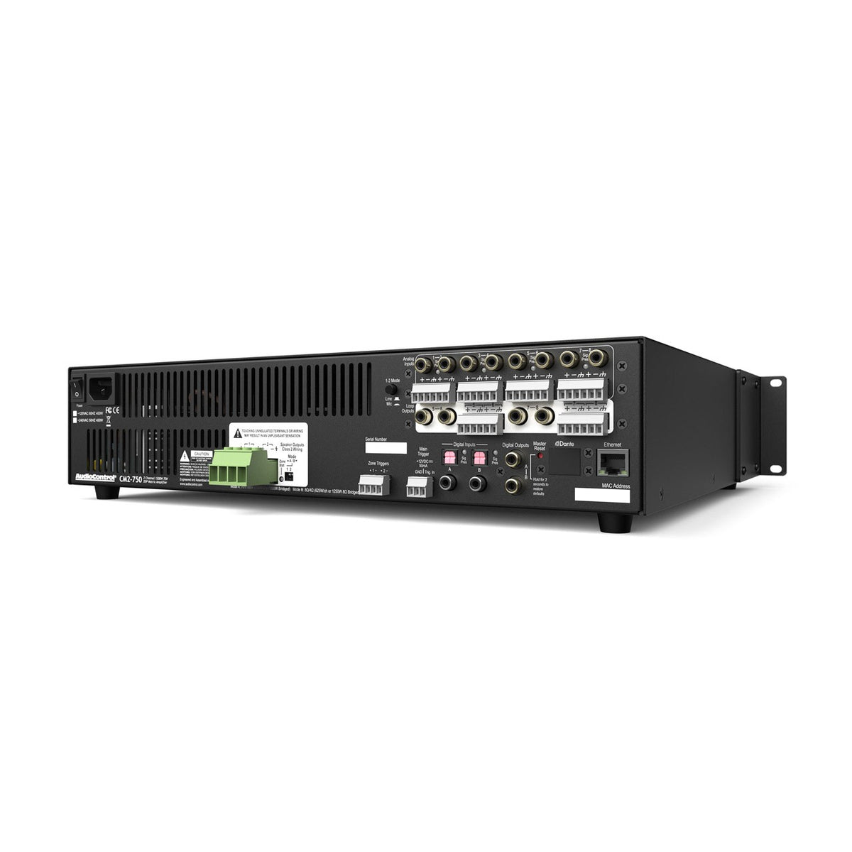 AudioControl CM2-750 2-Kanal-Endstufe 70/100 V mit DSP – Rückseite mit Anschlüssen