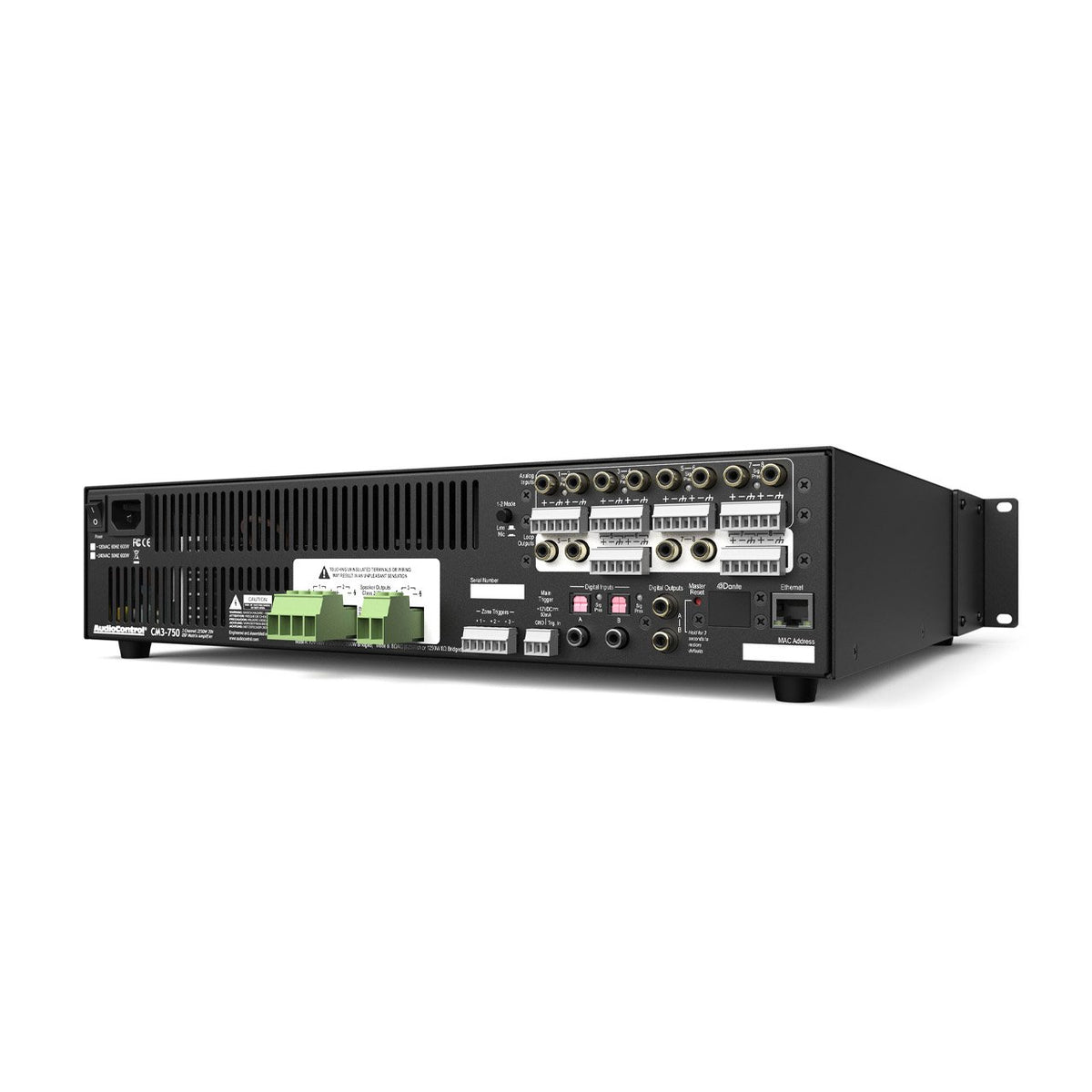 AudioControl CM3-750 3-Kanal-Endstufe 70/100 V mit DSP – Rückseite mit Anschlüssen