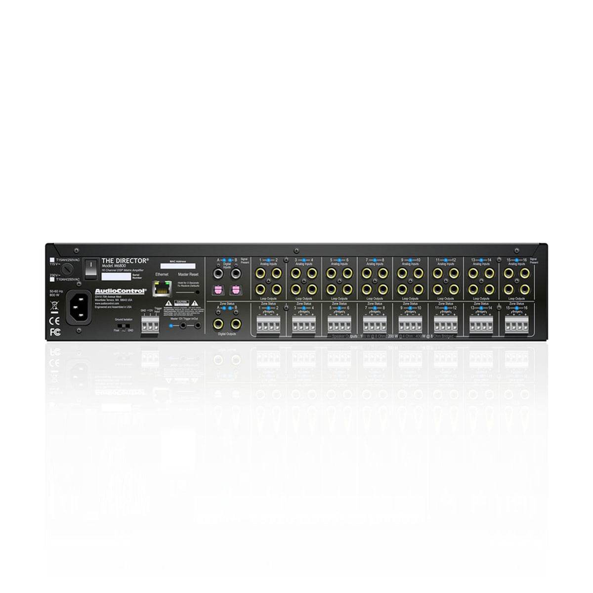 AudioControl Director M6800 16-Kanal-Matrix-Endstufe mit DSP – Rückseite mit Anschlüssen