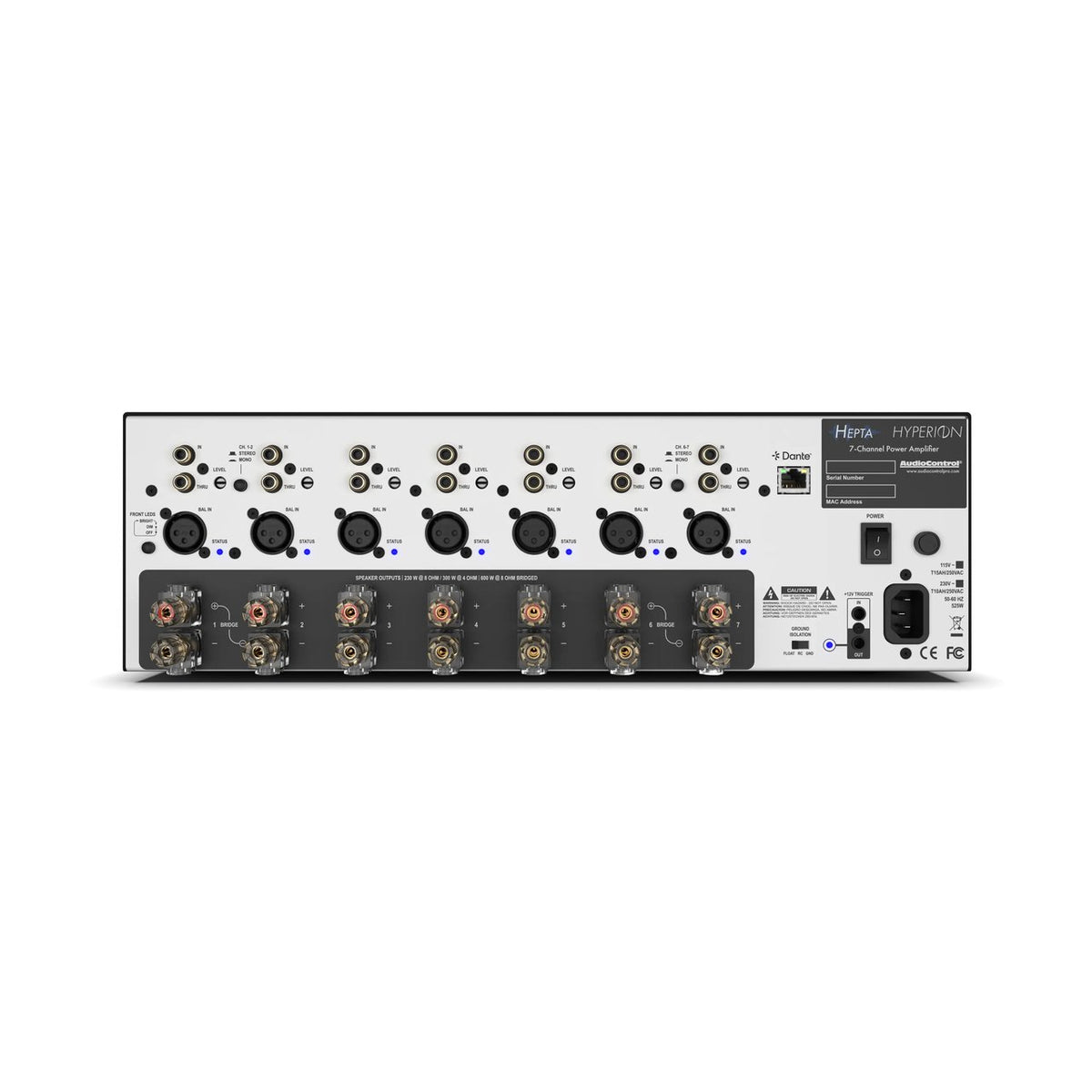 AudioControl Hyperion Hepta 7-Kanal-Endstufe mit Dante – Rückseite mit Anschlüssen