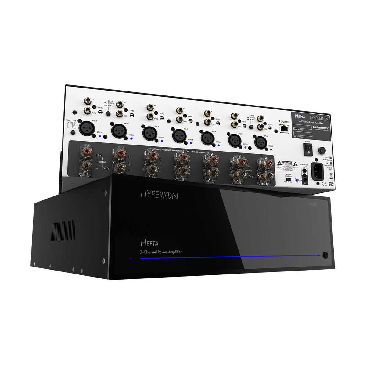 AudioControl Hyperion Hepta 7-Kanal-Endstufe mit Dante – Front und Rückseite