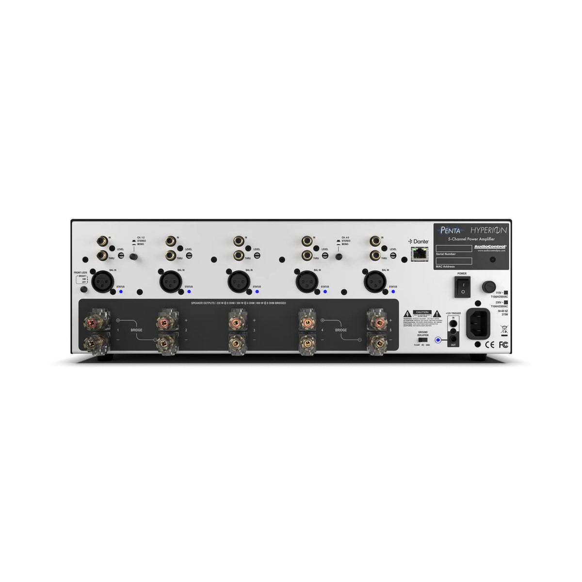 AudioControl Hyperion Penta 5-Kanal-Endstufe mit Dante – Rückseite mit Anschlüssen