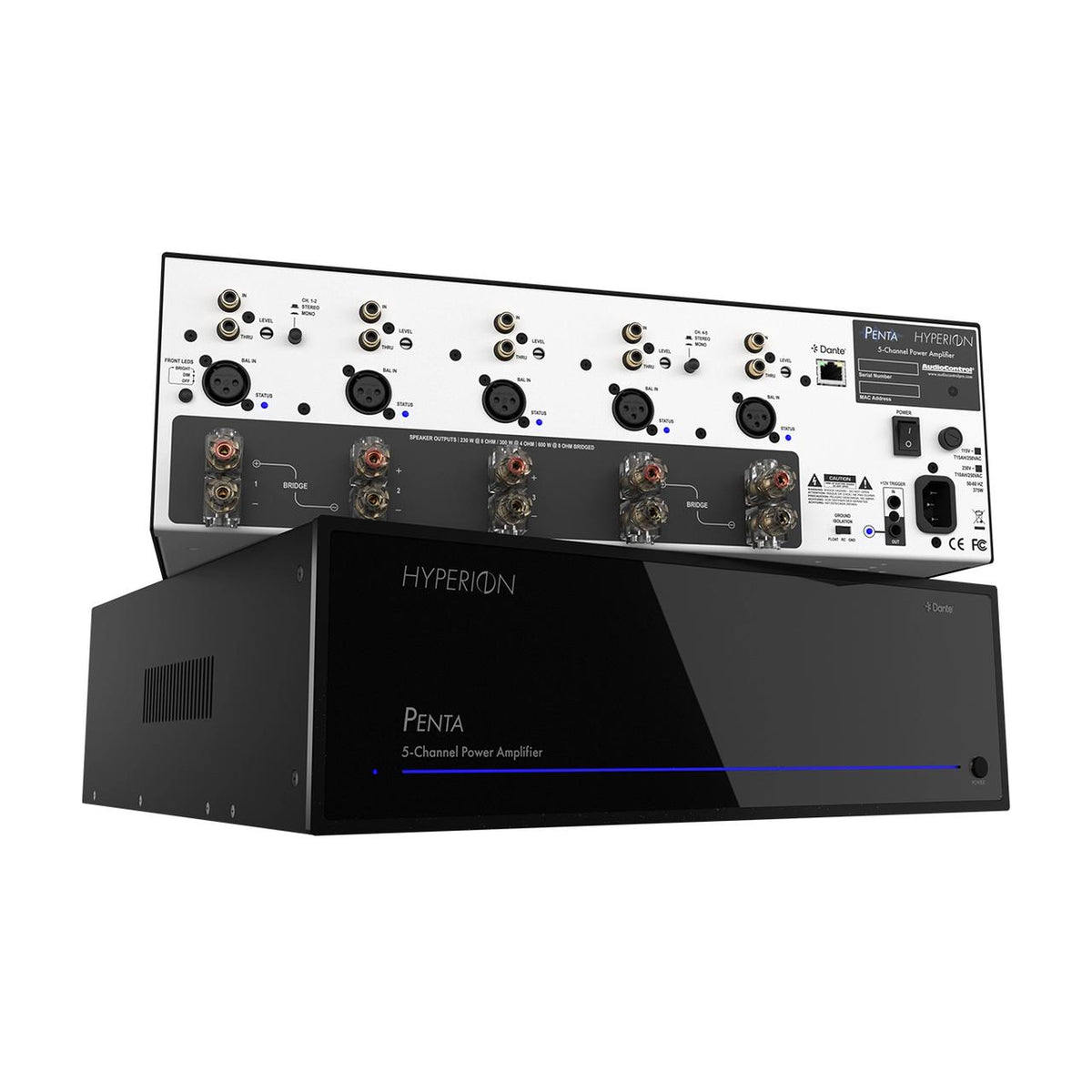 AudioControl Hyperion Penta 5-Kanal-Endstufe mit Dante – Front und Rückseite