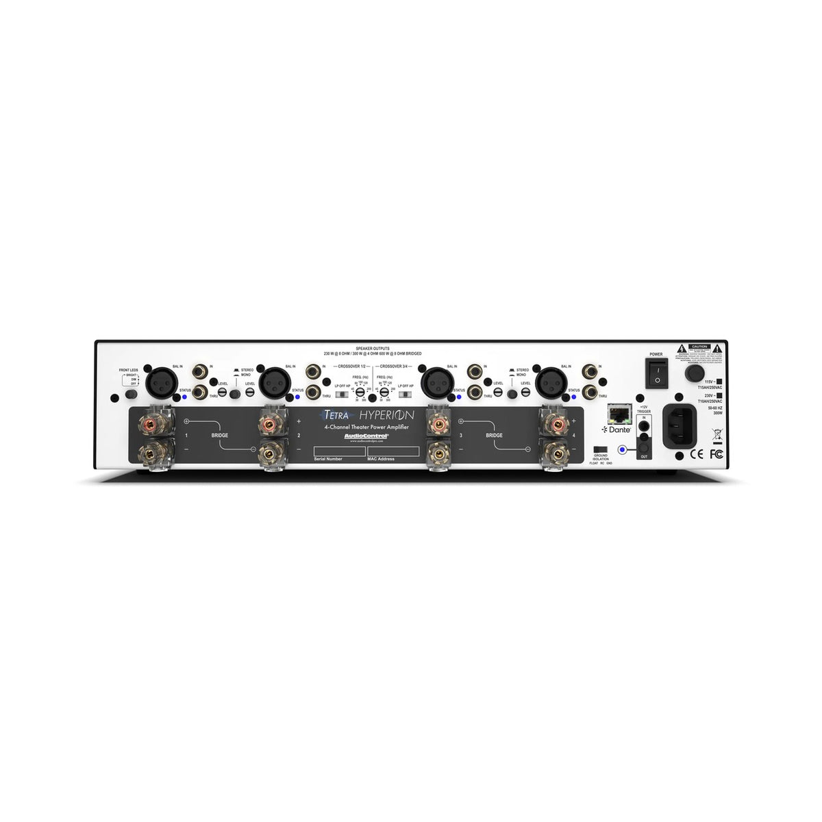 AudioControl Hyperion Tetra 4-Kanal-Endstufe mit Dante – Rückseite mit Anschlüssen
