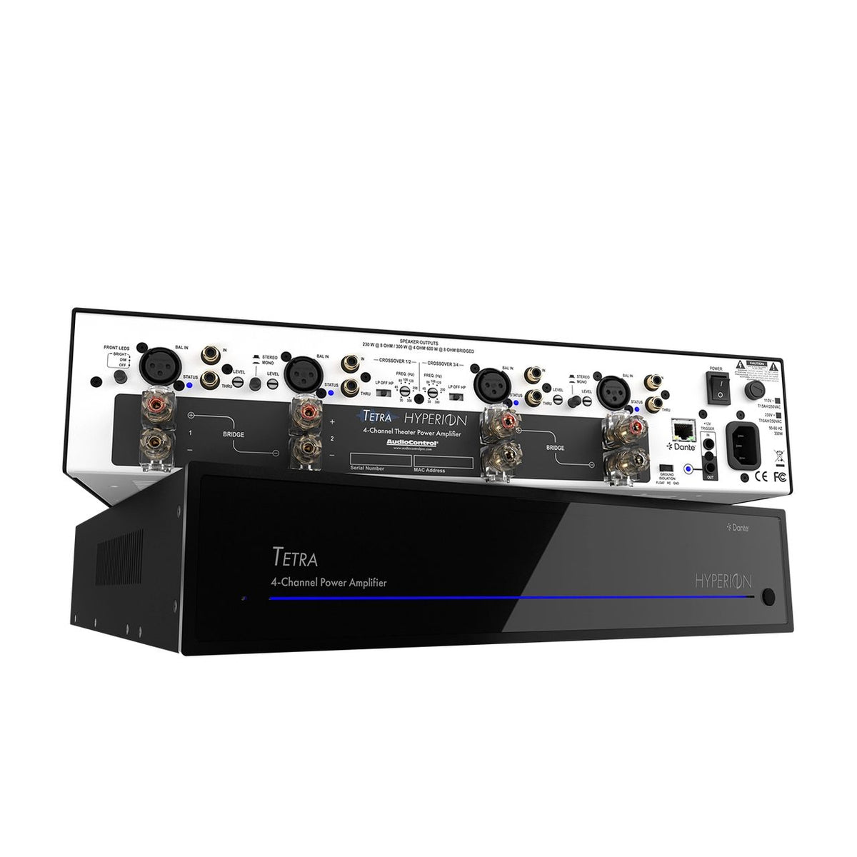 AudioControl Hyperion Tetra 4-Kanal-Endstufe mit Dante – Front und Rückseite