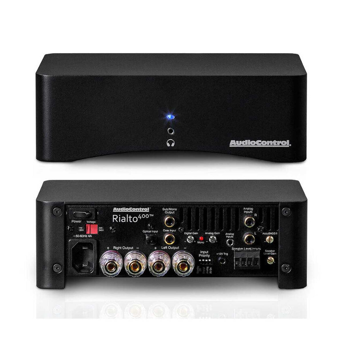 AudioControl Rialto 400 Stereo-Verstärker mit DAC Schwarz – Front und Rückseite