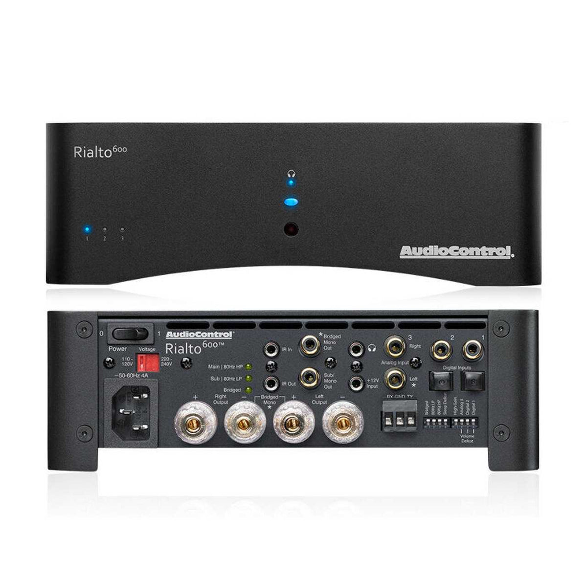 AudioControl Rialto 600 Stereo-Verstärker mit DAC Weiß – Front und Rückseite