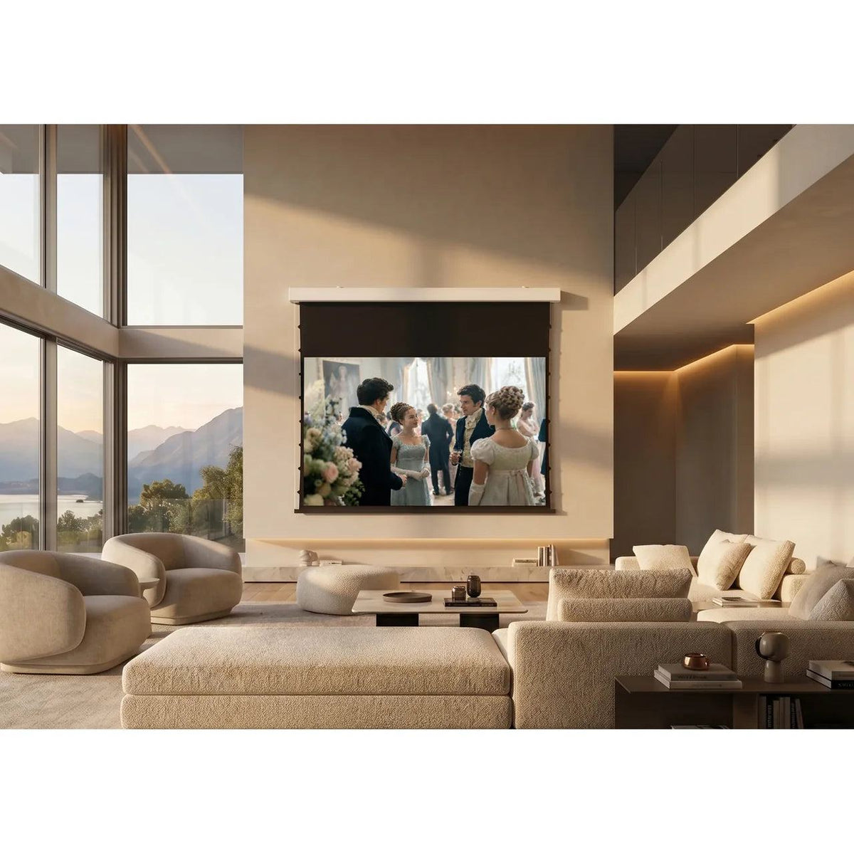 celexon Greyvision Motorleinwand Tension – im Wohnraum