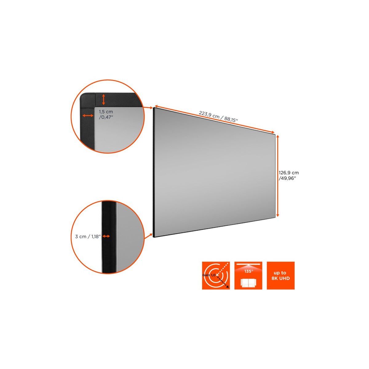 celexon HomeCinema UST Hochkontrast-Rahmenleinwand BrightOnyx – Maße und Rahmenbreite (100 Zoll)