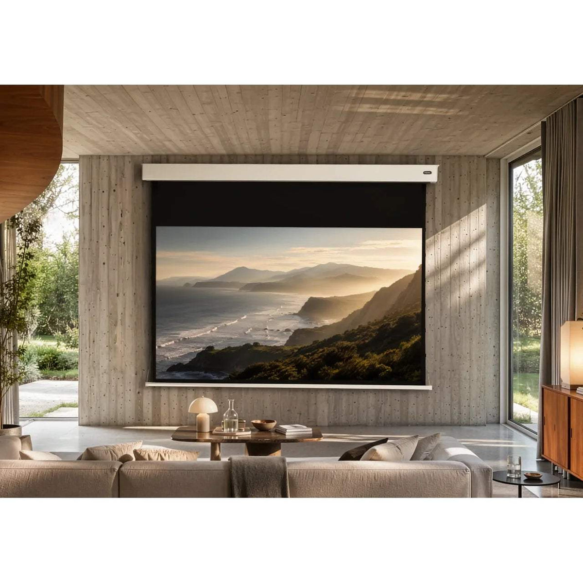 celexon Pearlstone Akku Motorleinwand Tension – im Wohnraum