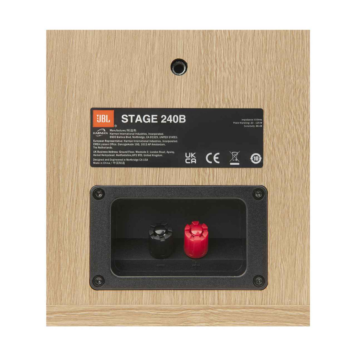 JBL Stage 240B Regallautsprecher (Paar) – Rückseite mit Schraubklemmen und Wandhalterung