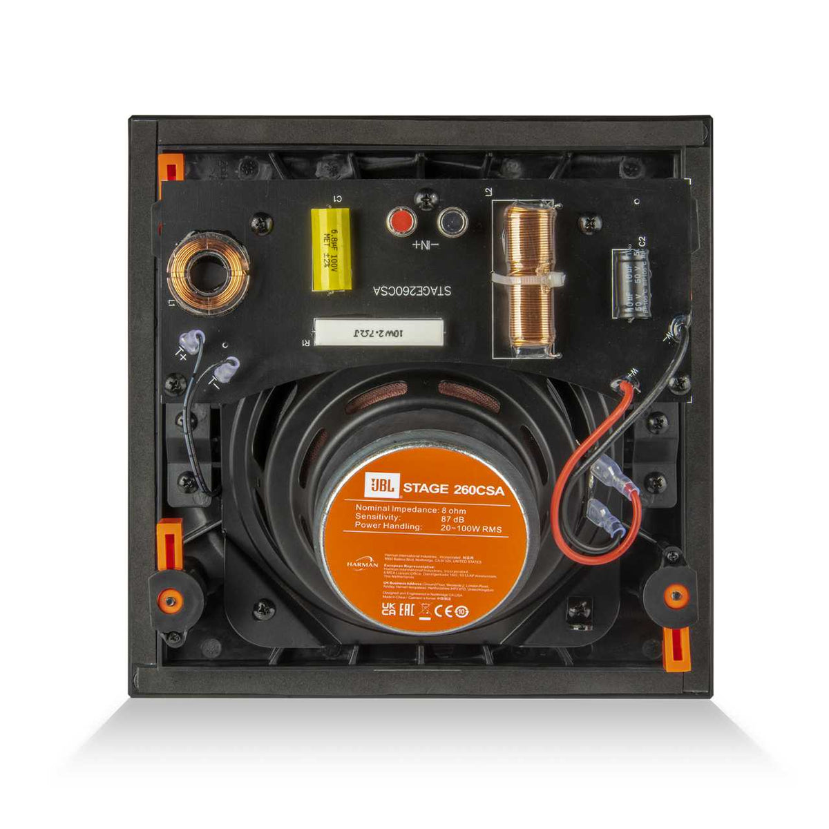 JBL Stage 260CSA Deckeneinbaulautsprecher (abgewinkelt) – Rückseite mit Frequenzweiche und Federklemmen