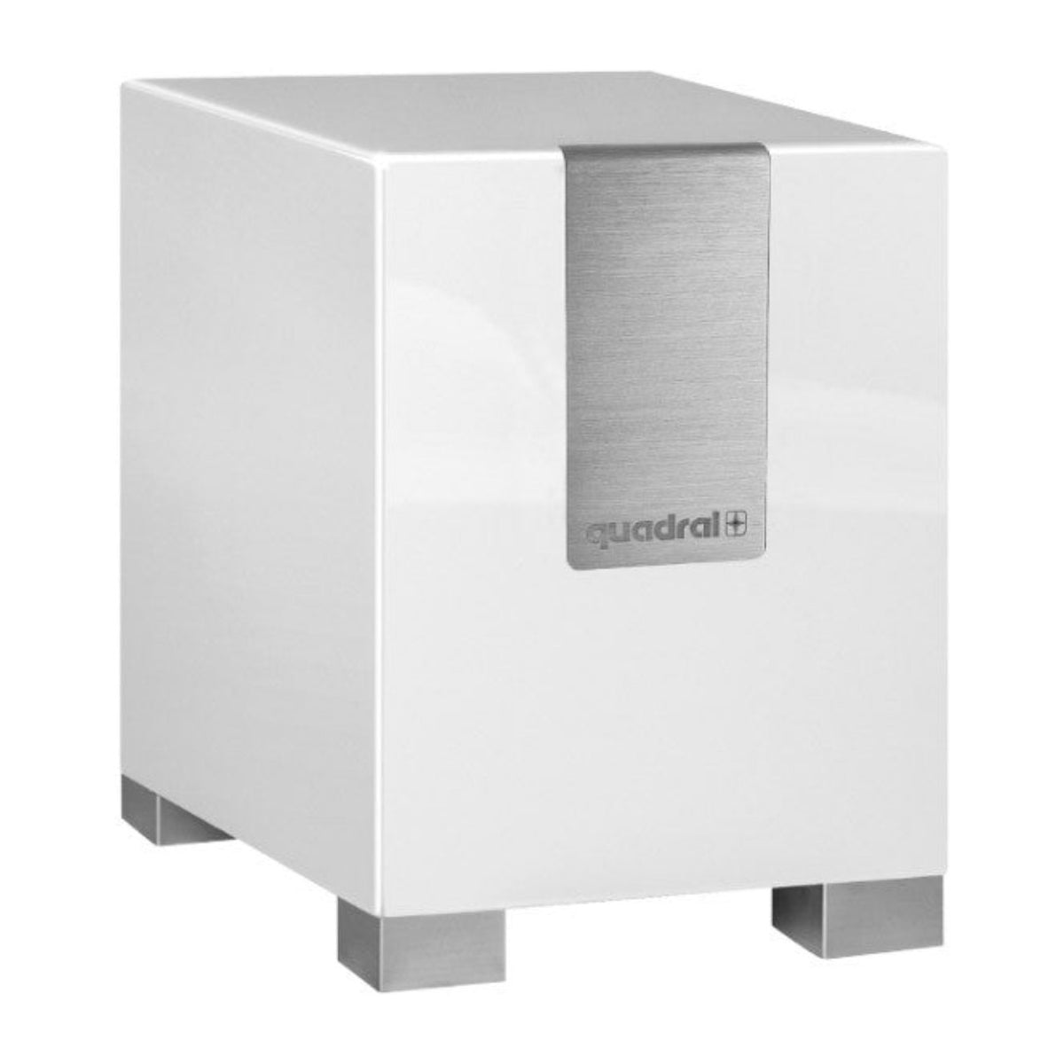 quadral QUBE CS10 Aktiv Subwoofer in Weiß Hochglanz – Ansicht schräg von vorn