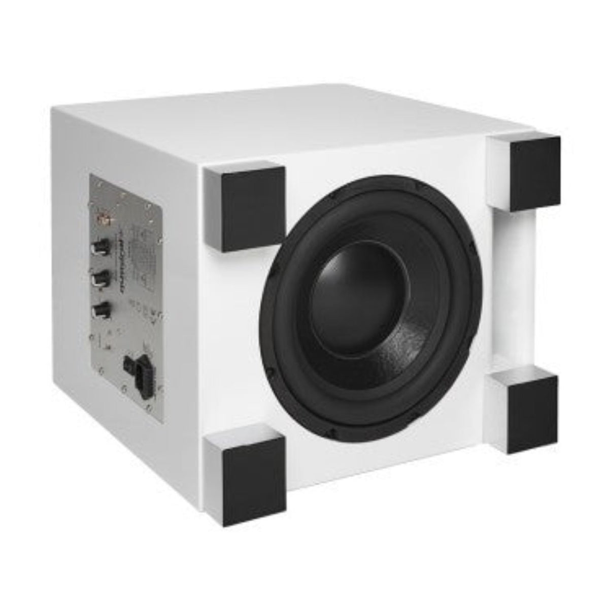 quadral QUBE CS10 Aktiv Subwoofer in Weiß – Unterseite mit Downfire-Tieftöner