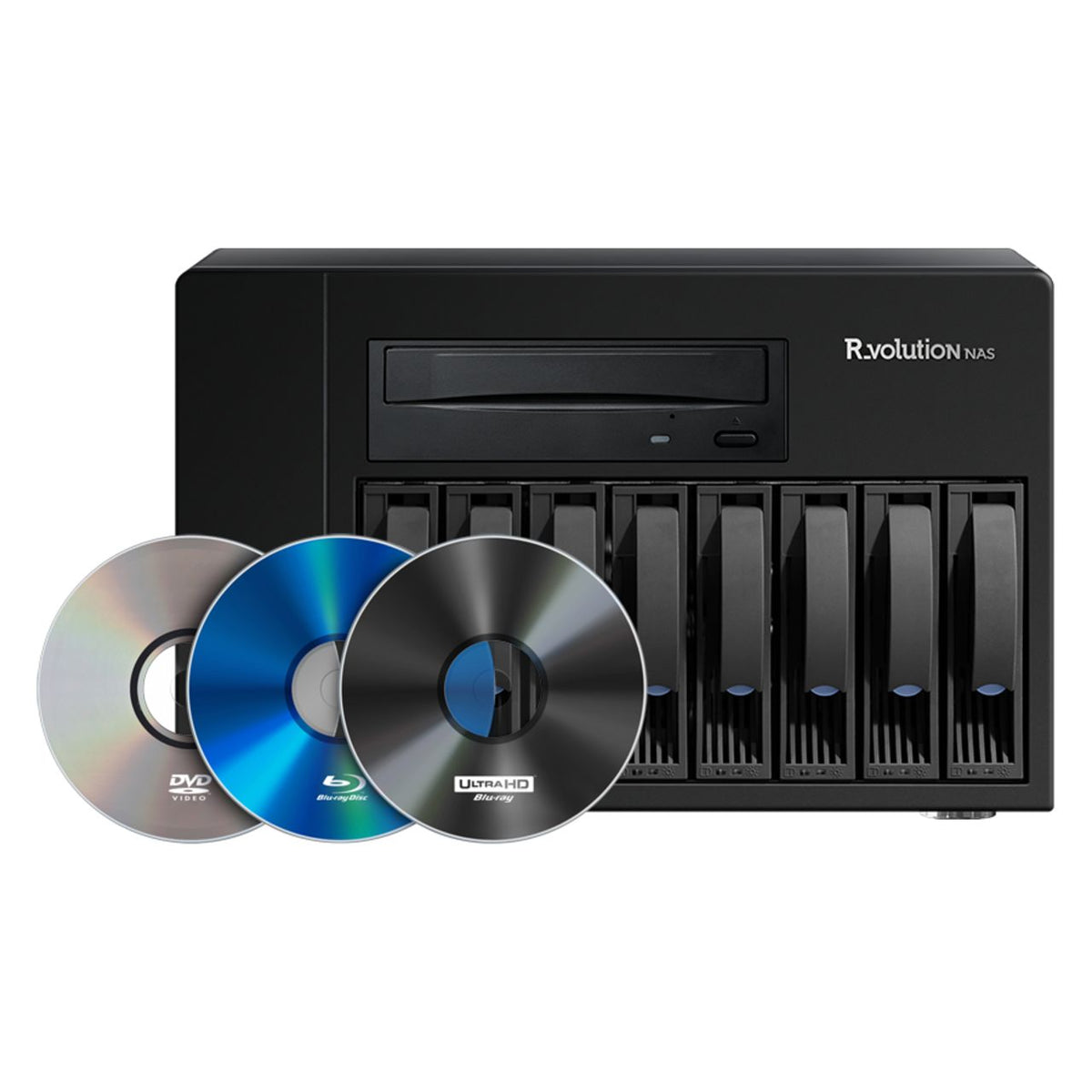 R_volution NAS Ultra – 8-Bay-NAS mit UHD-Laufwerk und Discs