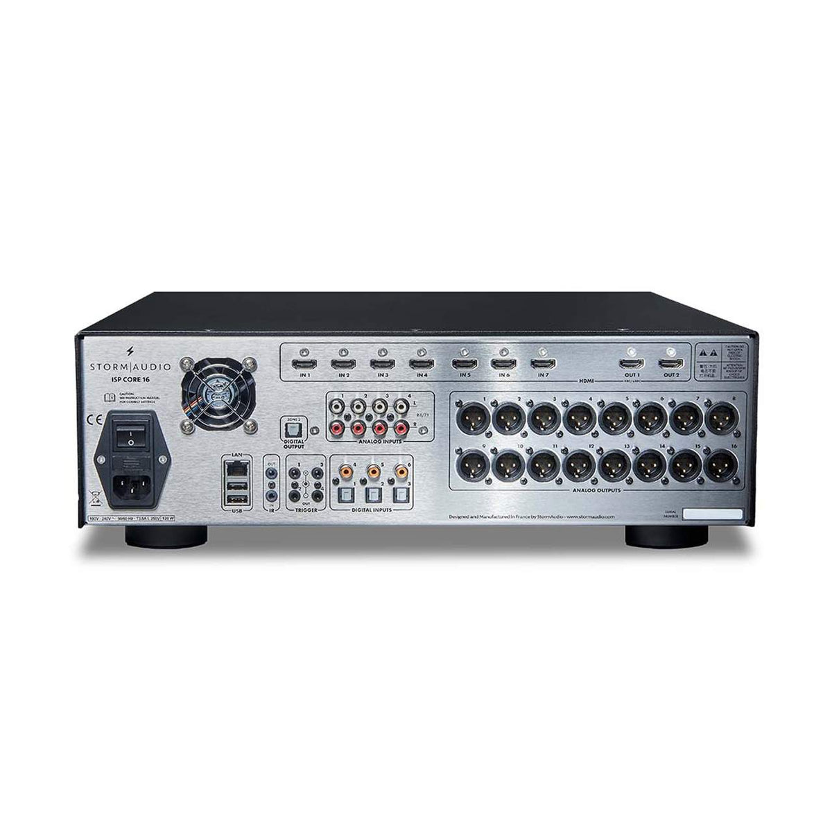 StormAudio ISP Core 16+ AV-Prozessor mit Dirac Live – Rückseite mit Anschlüssen (Abbildung mit Typenschild ISP Core 16)