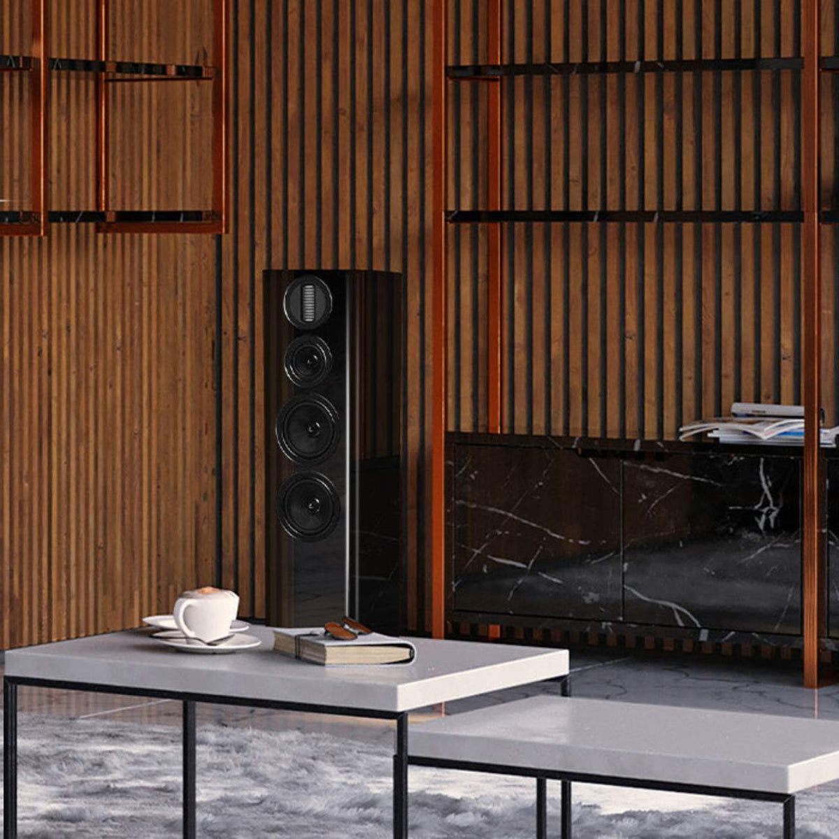 Wharfedale Aura 4 Standlautsprecher (Paar) in Hochglanz-Schwarz im Wohnzimmer
