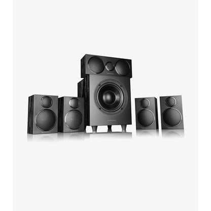 Wharfedale DX-3 HCP 5.1 Heimkino-Lautsprecherset – Schwarz (Black Oak), Satelliten, Center und Subwoofer von vorn