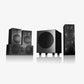 Wharfedale DX-3 HCP 5.1 Heimkino-Lautsprecherset – Schwarz (Black Oak), Schrägansicht mit Subwoofer