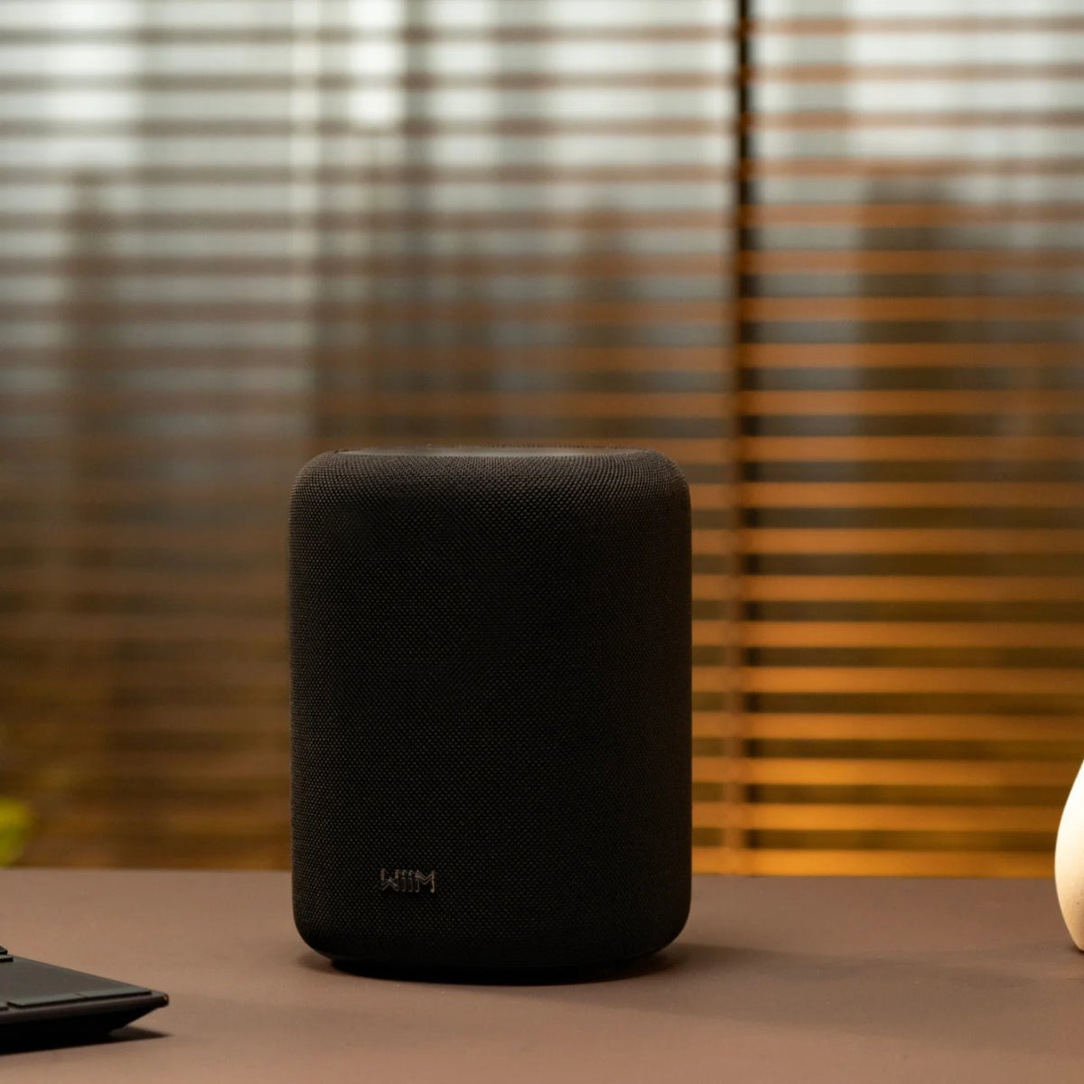 WiiM Sound Lite Smart Speaker in Schwarz auf einem Tisch